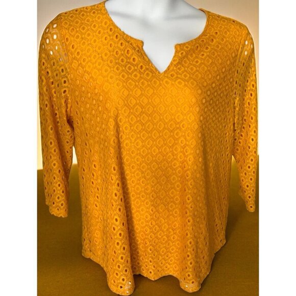 Ruby Rd Womens Quarter Sleeve Solid Yellow Eyelet Lace Spandex Lined Sweater XL - Picture 2 of 7